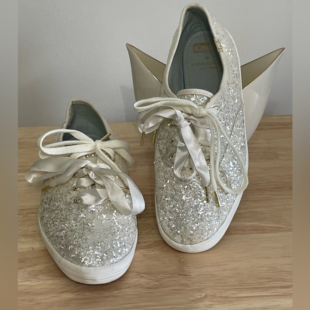 Keds x Kate Spade NY Size 7 Champion Glitter Sneakers White Bridal Ribbon Laces
